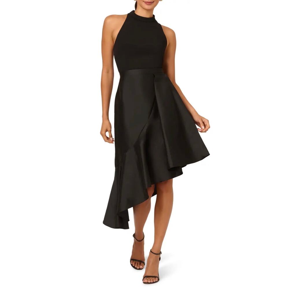 Adrianna Papell Black Cocktail Dress High-Low Sleeveless Halter Sheath Size 8